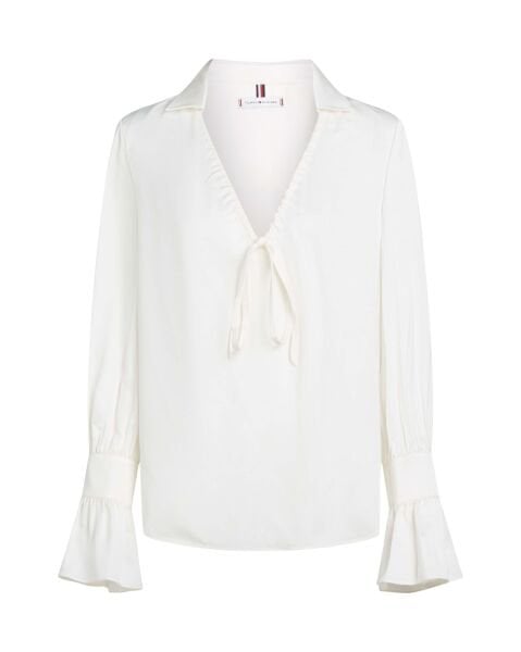 SATEEN RUFFLE TIE NECK SHIRT