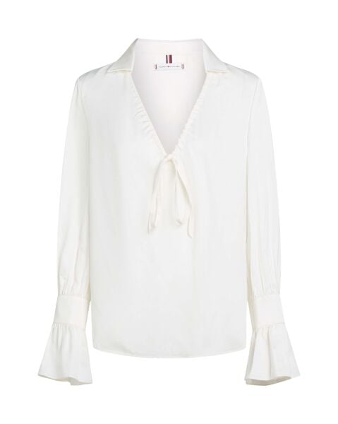 SATEEN RUFFLE TIE NECK SHIRT